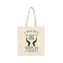 Load image into Gallery viewer, Cotton Canvas Tote Bag - I Practice Stitch Craft, Eco-Friendly Tote, Knitting Bag, Gift for Crafters, Reusable Shopping Bag