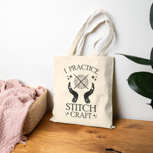 Load image into Gallery viewer, Cotton Canvas Tote Bag - I Practice Stitch Craft, Eco-Friendly Tote, Knitting Bag, Gift for Crafters, Reusable Shopping Bag