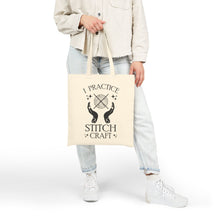 Load image into Gallery viewer, Cotton Canvas Tote Bag - I Practice Stitch Craft, Eco-Friendly Tote, Knitting Bag, Gift for Crafters, Reusable Shopping Bag