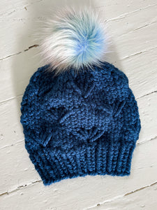 Daisy Beanie - Ocean Blue (rainbow pom)